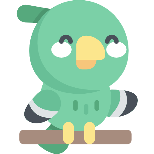 A green cartoon parrot smiling and waving a wing.